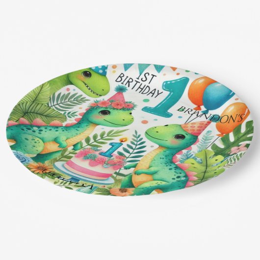 Dinosaur Dino 1e verjaardag Papieren Bordje (Gekanteld)
