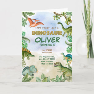 Dinosaur Dino 5e verjaardag Uitnodiging Gevouwen K