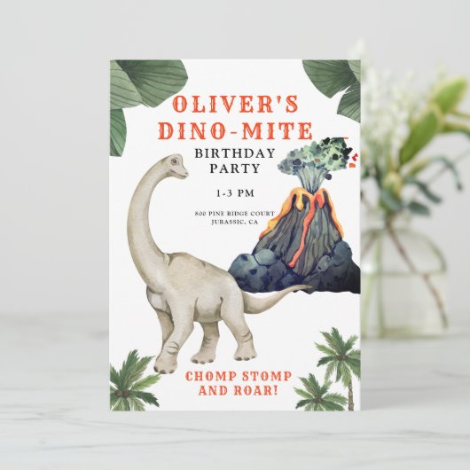 Dinosaur Dino-mite Birthday Party Invitation Kaart (Staand voorkant)
