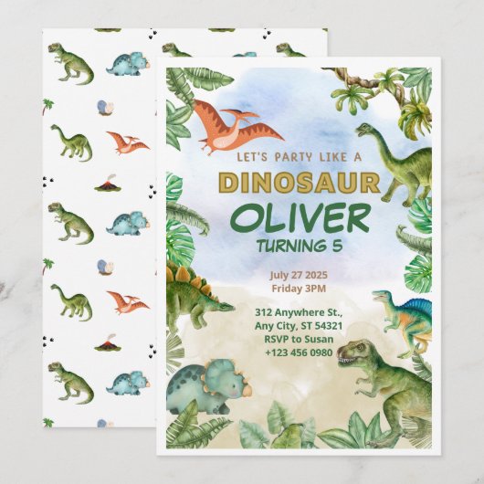 Dinosaur Dino T-rex 5th Birthday Invitations Kaart (Voorkant / Achterkant)