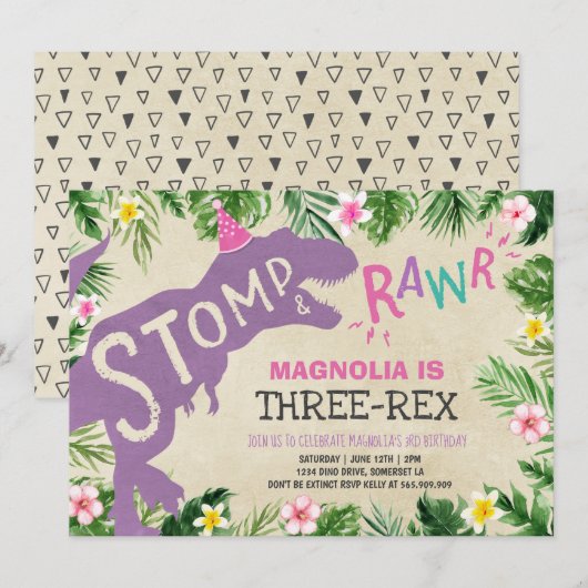 Dinosaur Drie-Rex Verjaardag Uitnodiging Meisje Di (Voorkant / Achterkant)