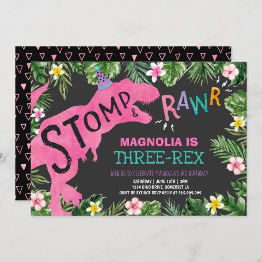 Dinosaur Drie-Rex Verjaardag Uitnodiging Meisje Di (Voorkant / Achterkant)