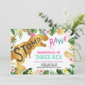 Dinosaur Drie-Rex Verjaardag Uitnodiging Meisje Di (Staand voorkant)