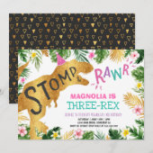 Dinosaur Drie-Rex Verjaardag Uitnodiging Meisje Di (Voorkant / Achterkant)