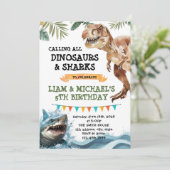 Dinosaur en Shark gezamenlijke feestuitnodiging Kaart (Staand voorkant)
