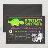 Dinosaur en Unicorn Joint Birthday Invitation Kaart (Voorkant / Achterkant)