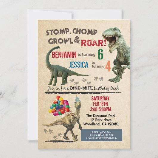 Dinosaur enfant invitation d'anniversaire 2 noms (Devant)