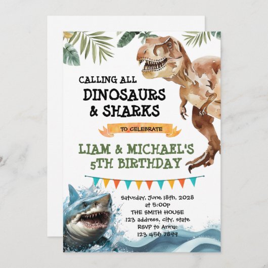 Dinosaur et Requin invitation conjointe (Devant / Derrière)