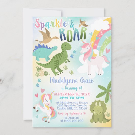 Dinosaur et Unicorn Invitation Garçon fille (Devant)