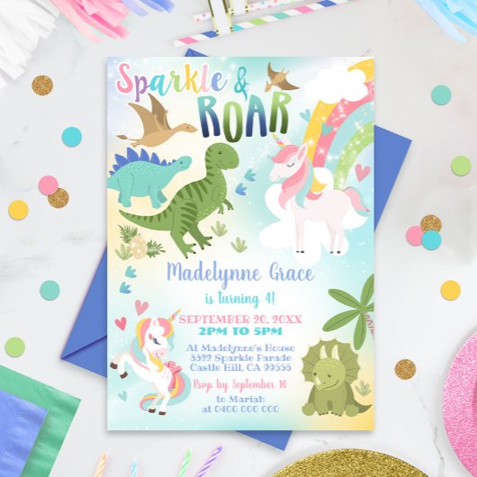 Dinosaur et Unicorn Invitation Garçon fille