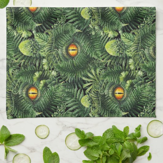 Dinosaur Eyes Green Plants Ancient Creature Art Theedoek (Gevouwen)