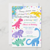 Dinosaur fille 1er anniversaire Invitation colorée (Devant)