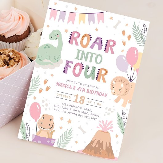 Dinosaur fille 4e anniversaire Invitation mignonne