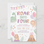 Dinosaur fille 4e anniversaire Invitation mignonne (Devant)