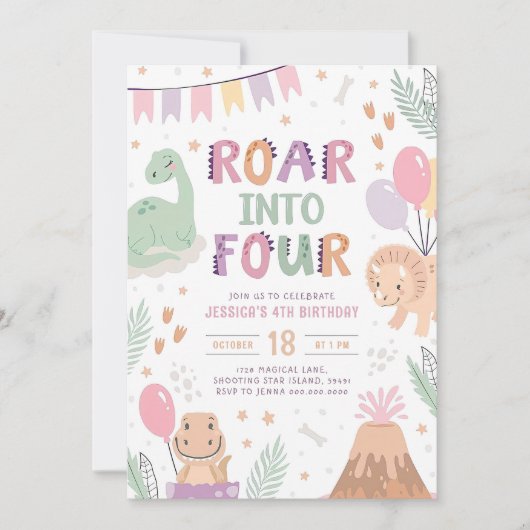 Dinosaur fille 4e anniversaire Invitation mignonne (Devant)