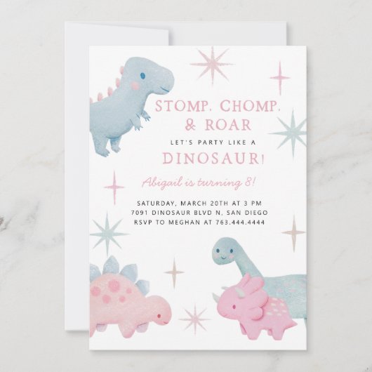 Dinosaur Fille Anniversaire Invitation (Devant)