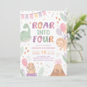 Dinosaur Fille Invitation de 4e anniversaire. Bébé (Debout devant)