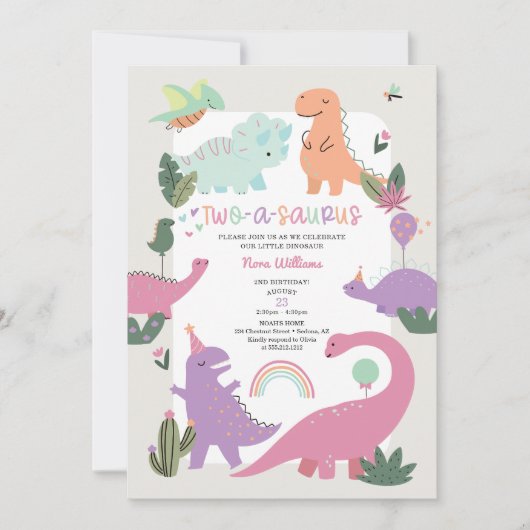 Dinosaur fille rose 2e anniversaire Invitation de  (Devant)