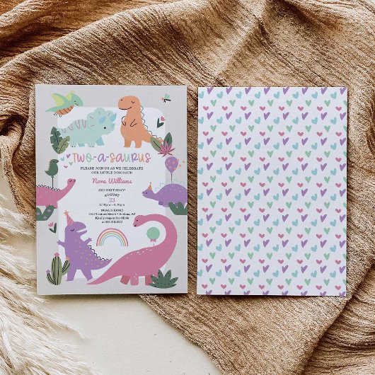 Dinosaur fille rose 2e anniversaire Invitation de 