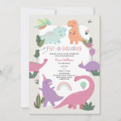 Dinosaur fille rose 5e anniversaire Invitation de (Devant)