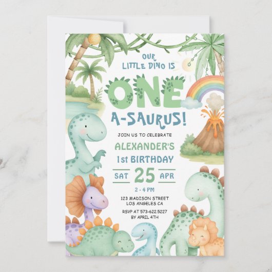 Dinosaur First Birthday Cute Dino Invitation (Devant)