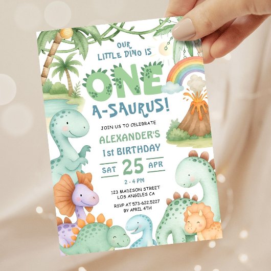 Dinosaur First Birthday Cute Dino Invitation  Kaart