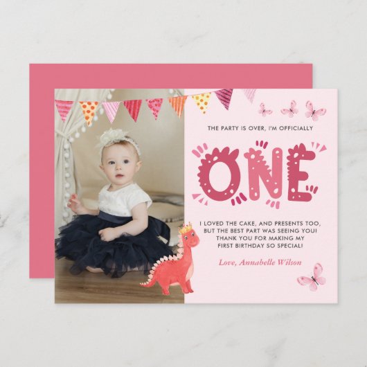 Dinosaur First Birthday Foto: Dank u wel Briefkaart (Voorkant / Achterkant)