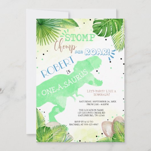 Dinosaur First Birthday Invitation boy Kaart (Voorkant)