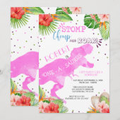 Dinosaur First Birthday Invitation Girl Kaart (Voorkant / Achterkant)