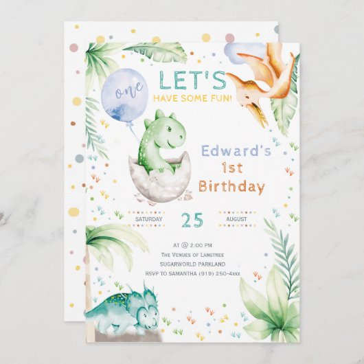 Dinosaur First Birthday uitnodiging (Voorkant / Achterkant)