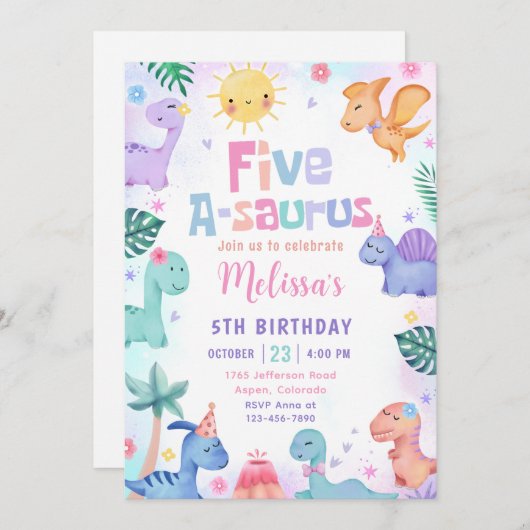 Dinosaur Five-A-Saurus 5th Birthday Party Kaart (Voorkant / Achterkant)