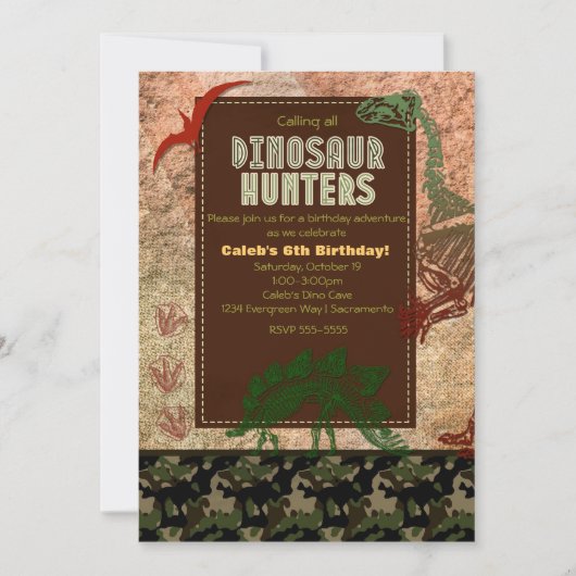 Dinosaur Fossil & Camo Invitations de fête d'anniv (Devant)