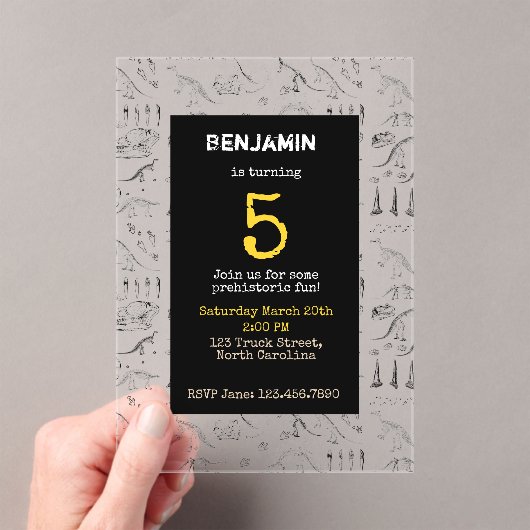 Dinosaur Fossils Pattern Kids Birthday Invitation Acryl Uitnodigingen (Insitu (Draagbaar))