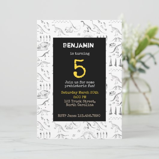 Dinosaur Fossils Pattern Kids Birthday Invitation Kaart (Staand voorkant)