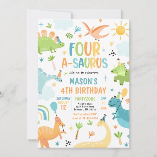 Dinosaur four-A-Saurus 4th Birthday Party Kaart (Voorkant)