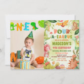 Dinosaur Four-A-Saurus Greenery 4e verjaardag foto Kaart (Voorkant)