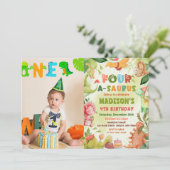 Dinosaur Four-A-Saurus Greenery 4e verjaardag foto Kaart (Staand voorkant)