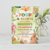 Dinosaur Four-A-Saurus Greenery 4e verjaardagsfees Kaart (Staand voorkant)