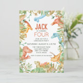 Dinosaur Fourth Birthday Party Invitation Kaart (Staand voorkant)