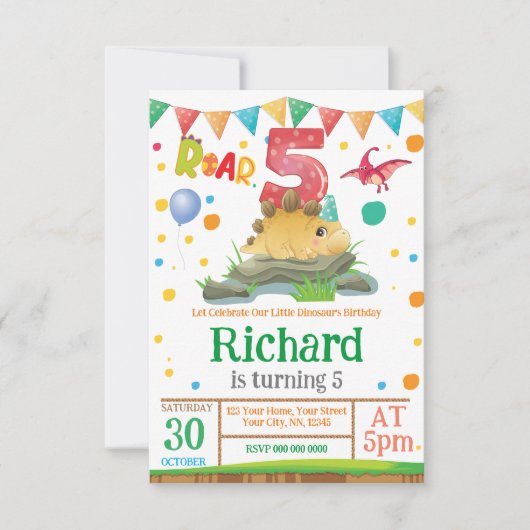 Dinosaur garçon 5e anniversaire Invitation (Devant)