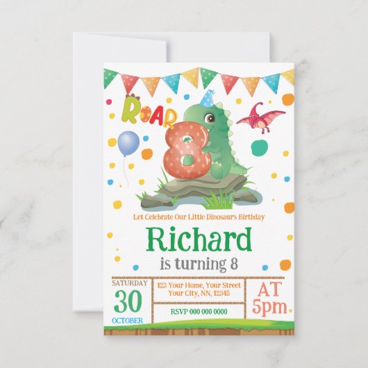 Dinosaur garçon 8e anniversaire Invitation (Devant)