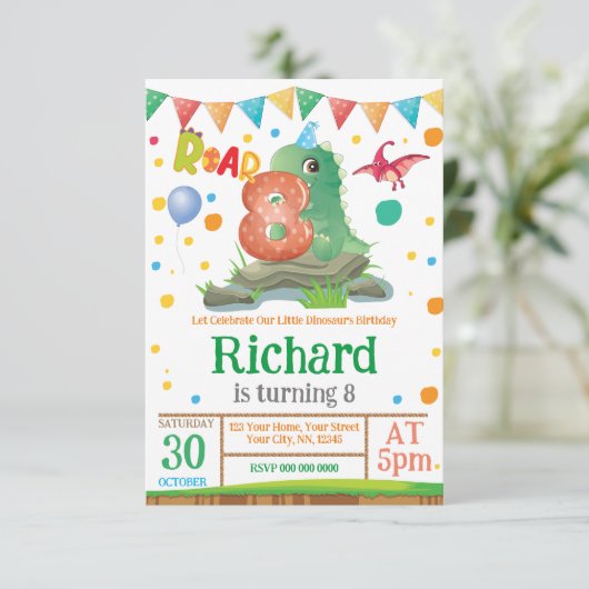 Dinosaur garçon 8e anniversaire Invitation (Debout devant)