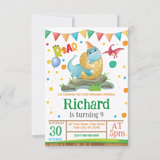 Dinosaur garçon 9e anniversaire Invitation (Devant)