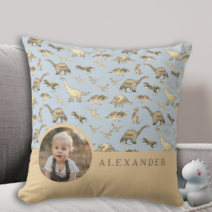 Dinosaur Gepersonaliseerde Foto en Naam Blauw Kussen