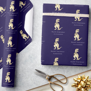 Dinosaur gepersonaliseerde Happy Birthday Navy Blu Cadeaupapier