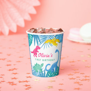 Dinosaur Girl 1st Birthday Colorful Papieren Bekers