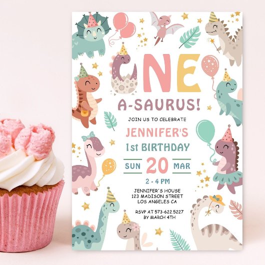 Dinosaur Girl 1st Birthday Invitation