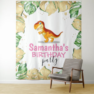 Dinosaur Girl BIRTHDAY-achtergrond Wandkleed