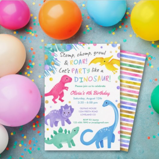 Dinosaur Girl Birthday Invitation Colorful Cute Kaart