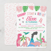 Dinosaur Girl Pink Birthday Kaart (Voorkant / Achterkant)